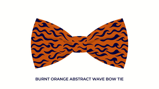 Very beautiful flat vector illustration of a burnt orange bow tie with completely flat and uniform solid dark navy abstract wave motifs, crisp symmetrical shape, Label: "BURNT ORANGE ABSTRACT WAVE BOW