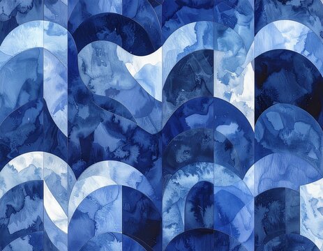 Seamless pattern of interlocking tatewaku wavy column grid, soft watercolor wash in deep blue