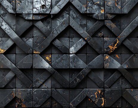 Seamless pattern of interlocking sayagata key fret grid in black stoneware with matte crackle texture