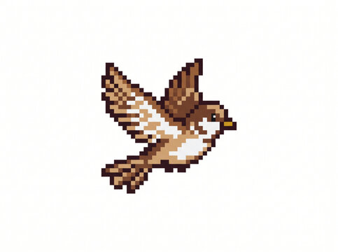 Pixel art illustration of a brown and white bird flying in flight