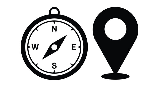 Navigational compass and location pin icon, direction and place symbols, travel orientation, geographic positioning, black and white vector illustration.