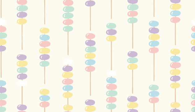 Pastel dango pattern featuring colorful Japanese sweet dumplings on skewers arranged in vertical columns on cream background.