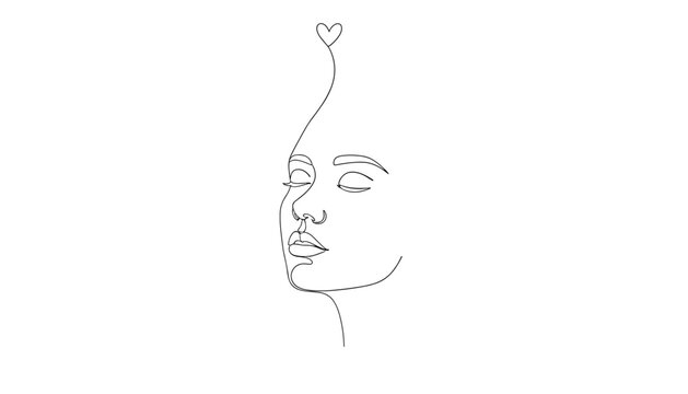 Single continuous line drawing of a woman in profile with a small heart emerging from her forehead representing love or peace.