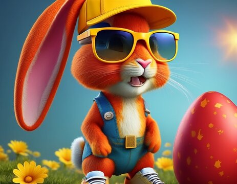 Funny rabbit wears sunglasses and a cap