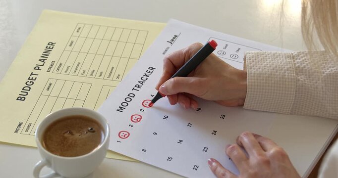 Woman hand filling monthly mood tracker with marker next to coffee cup and budget planner.