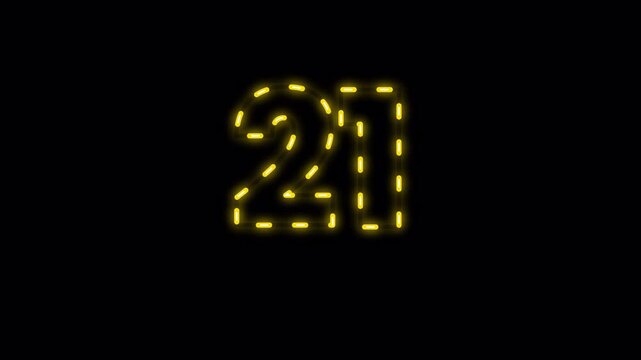Number twenty one glowing yellow neon sign with dashed line style isolated on a overlay Transparent  background for birthday anniversary celebration