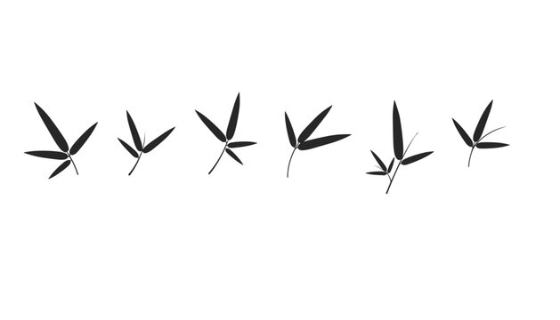 Minimalist silhouette set of bamboo leaves arranged in a horizontal row on clean white background for oriental style designs.