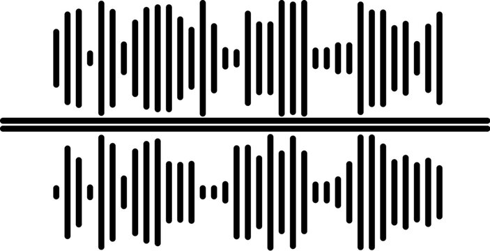 Black audio waveform icon with vertical sound bars and horizontal divider line. Minimal music equalizer symbol represents sound, voice, recording, podcast, audio signal and modern media technology des