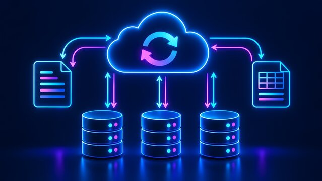 Neon glowing cloud computing network diagram showing data synchronization between digital documents and server databases in a dark technological environment