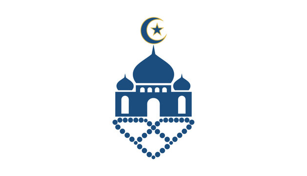 Blue silhouette of a mosque topped with a gold crescent moon and star sitting above a dotted heart-shaped patterns.