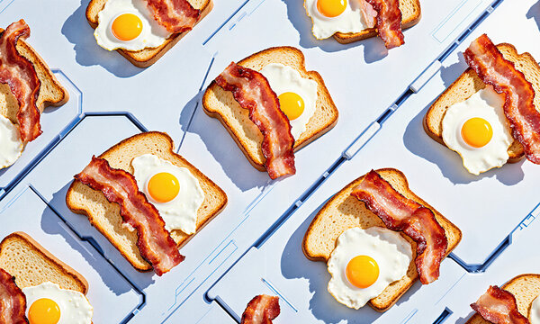 Breakfast pattern bacon fried eggs and toast on a blue tray create a repeating food background for culinary design