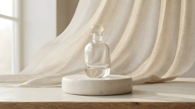 Elegant glass perfume bottle on pedestal.