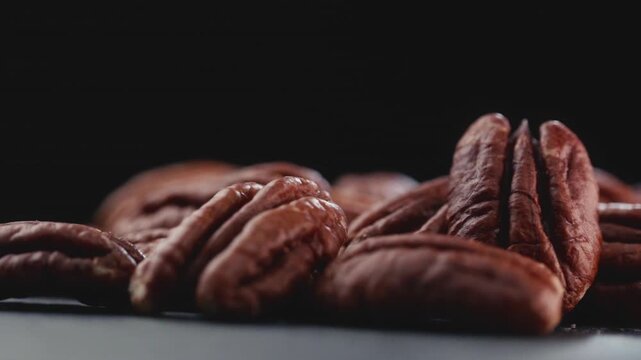 Macro shot of fresh premium pecan nuts with selective focus, rotating slowly on dark background with artistic lighting. Perfect for healthy eating, gourmet food, culinary, and dietary content.
