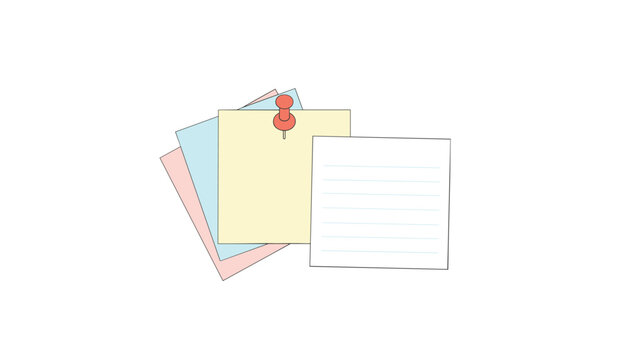Colored paper sticky notes with a yellow notepad and a white ruled sheet pinned together by a red thumbtack on white background.