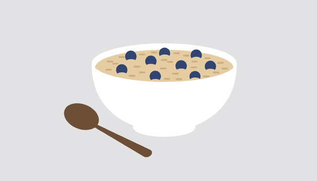 Bowl of healthy oatmeal porridge topped with fresh blueberries and served with a brown spoon on a plain background.