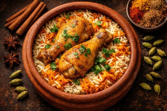 Traditional chicken biryani with spiced drumsticks and aromatic yellow rice in clay pot surrounded by Indian seasonings like cinnamon and cardamom for dinner.