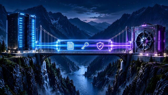 Futuristic digital bridge illustrating highly secure encrypted data transfer from server database to an impenetrable virtual vault in a mountainous landscape