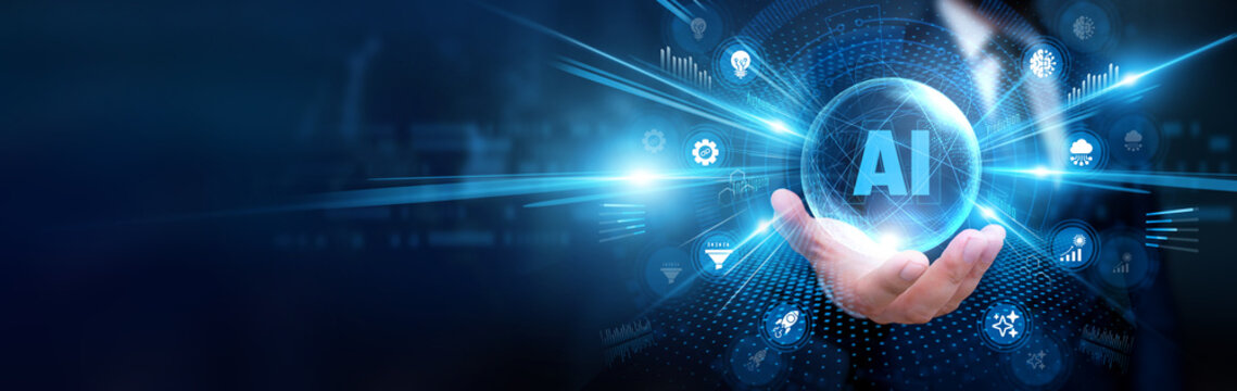 Businessman holding AI and global intelligence, analyzing digital data, monitoring machine learning insights, optimizing automated processes, supporting advanced business solutions
