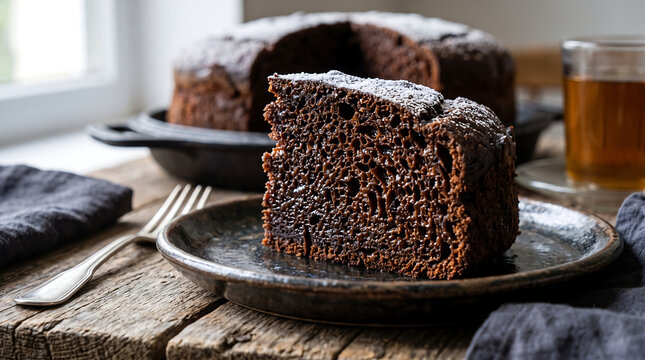 Hyper Realistic 9K Low Angle Close Up Moldovan Baba Neagra Black Sponge Cake Food Photography