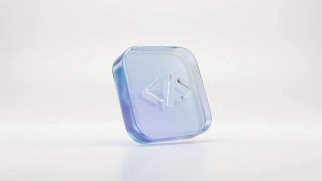 Frosted glass coding icon with brackets, 3D render of software development symbol, translucent blue and purple glassmorphism app button