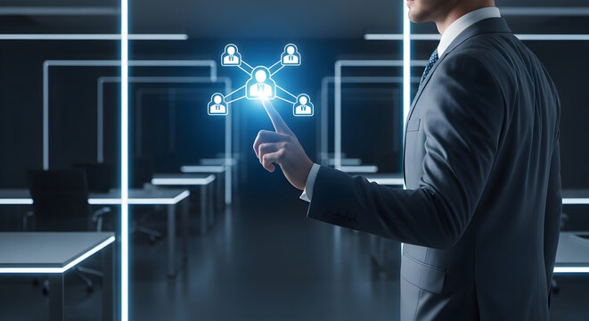 Businessman interacting with virtual social network icon on dark background of modern office.