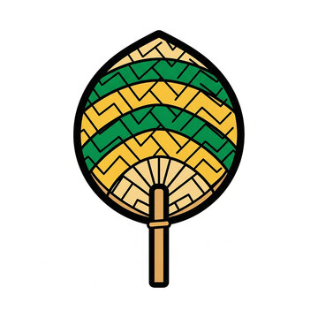 Traditional woven kipas with geometric green and yellow patterns