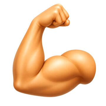 Flexed muscular arm icon with clenched fist smooth orange 3d style strength fitness power symbol isolated on a transparent background