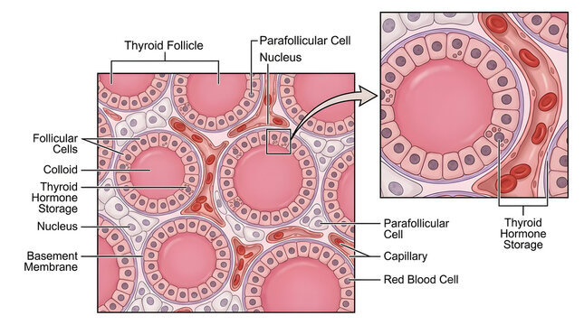 Microscopic view diagram of thyroid gland follicles with follicular cells