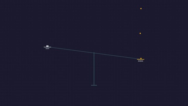 Minimalist digital balance scale tipping with falling gold coins