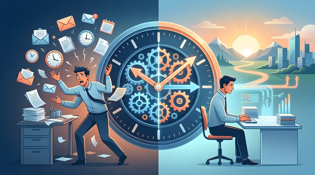Business professionals collaborating on digital project management tools in modern office with split-screen workflow visualization