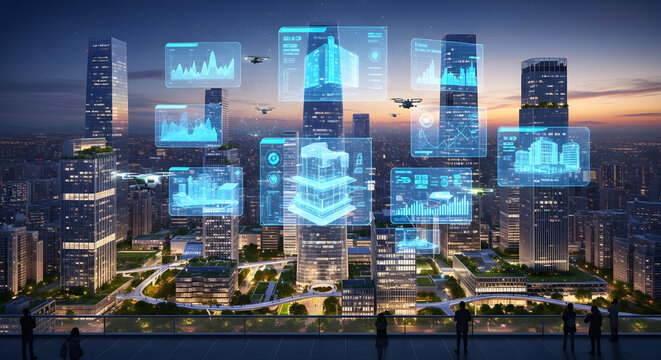 Futuristic city with holographic displays showcasing urban data and intelligent infrastructure.