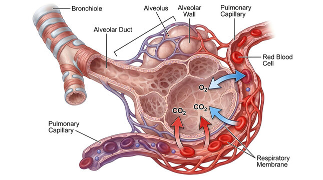 Human lung alveoli respiratory exchange illustration with capillaries and gas