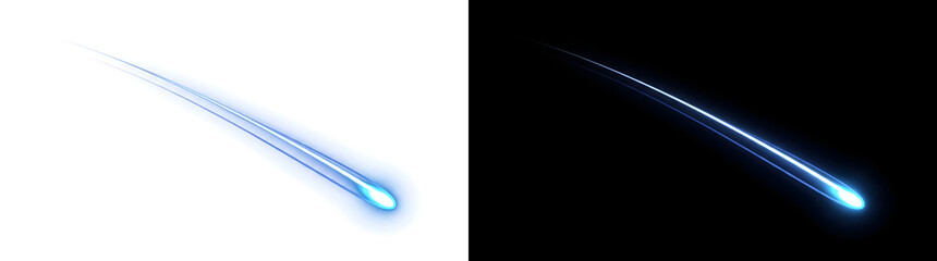 Comet trail glowing blue curved shooting light streak effect for design projects in PNG, Transparent and Black Background Versions © Crafter