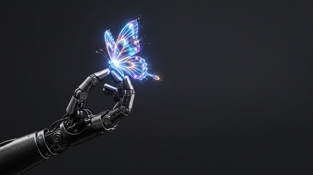 A robotic hand holding a glowing blue butterfly made of light particles against a solid ad social media download thambnail poster web template event festival 2026 2027 2028