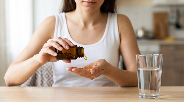 person prepare fish oil pills to her hands taking daily supplement
