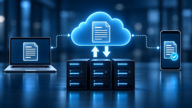 Cloud computing network infrastructure facilitating secure document data transfer between servers laptops and mobile devices in digital workspaces.