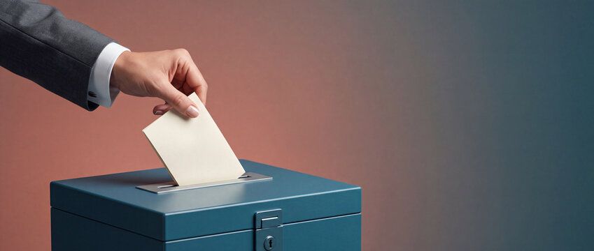 Close-up of a professional hand in a business suit inserting a white ballot paper into a blue metal box, representing democracy, election results, and civic duty during a poll.