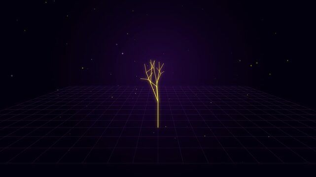 Digital tree growing and bar chart rising on purple grid background