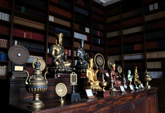 Buddhism and mindfulness, collection of golden buddha statues and traditional artifacts displayed on a wooden shelf in a library with book background