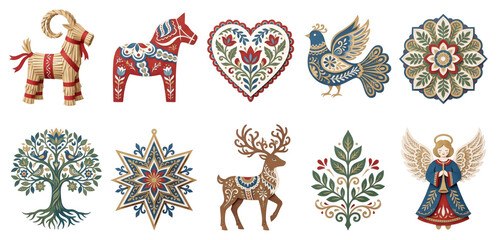 Obraz premium Set of Scandinavian folk Christmas ornaments including Dala horse straw goat reindeer angel and floral motifs for holiday cards crafting and festive patterns