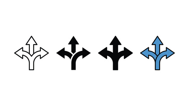 Set of four triple arrow signs pointing in three different directions