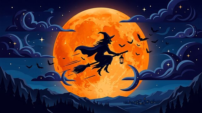 Witch silhouette flying on a broomstick against a large full moon in a dark night sky