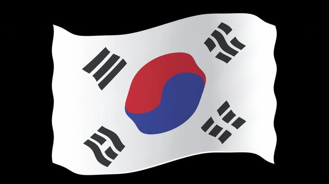 South Korean Flag Waving Dramatically in Slow with Vibrant Red Blue Yin Yang Symbol and Black Trigrams wave animation cinematic