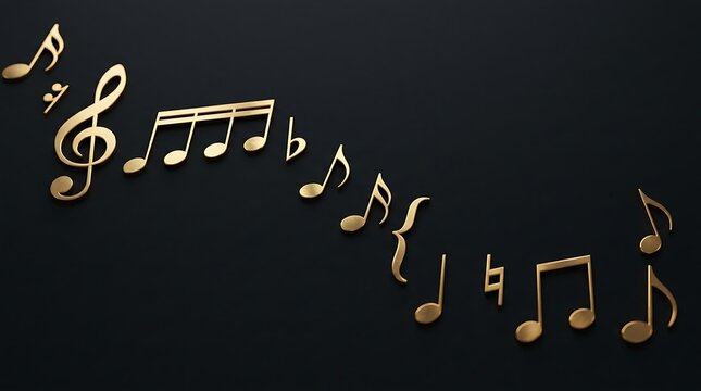 Golden musical notes and symbols float in a linear arrangement against a dark background.