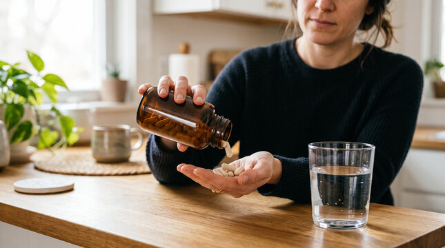 Woman pouring dietary supplement capsules from an amber bottle into her hand beside a glass of water, preparing to take daily vitamins or medication
