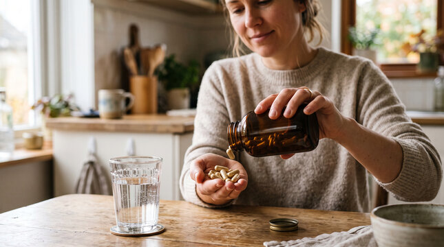 Woman pouring dietary supplement capsules from an amber bottle into her hand beside a glass of water, preparing to take daily vitamins or medication