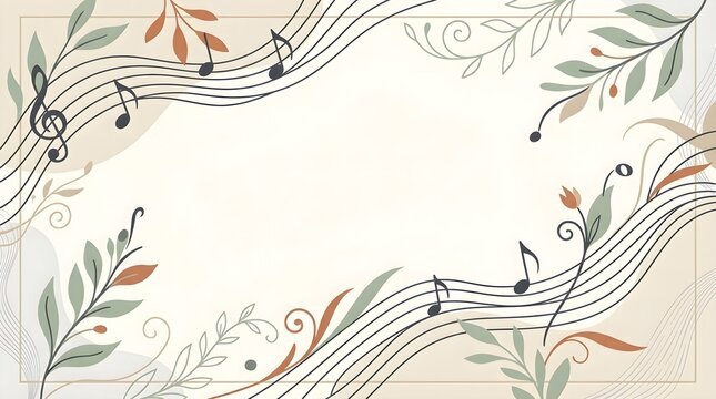 Delicate floral and musical note border pattern combines greenery with sheet music elements.