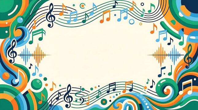 Decorative frame filled with musical notes and colorful geometric patterns on a light background.
