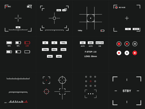 Camera Viewfinder Overlay Elements with Digital HUD Interface Graphics and Video Recording Icons