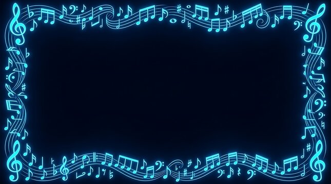 Musical notes form an illuminated blue border around a dark background, providing ample space for text or additional graphic elements to be added.